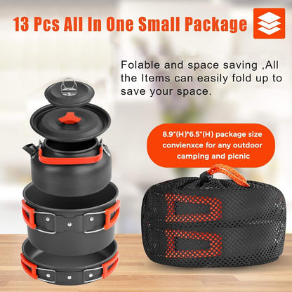 Camping Cookware Kit, Camping Cookware Set Outdoor Cooking Pot Pan Kettle Lightweight Camping Accessories Backpacking Hiking Gear for 2 to 3 People Picnic,Travel