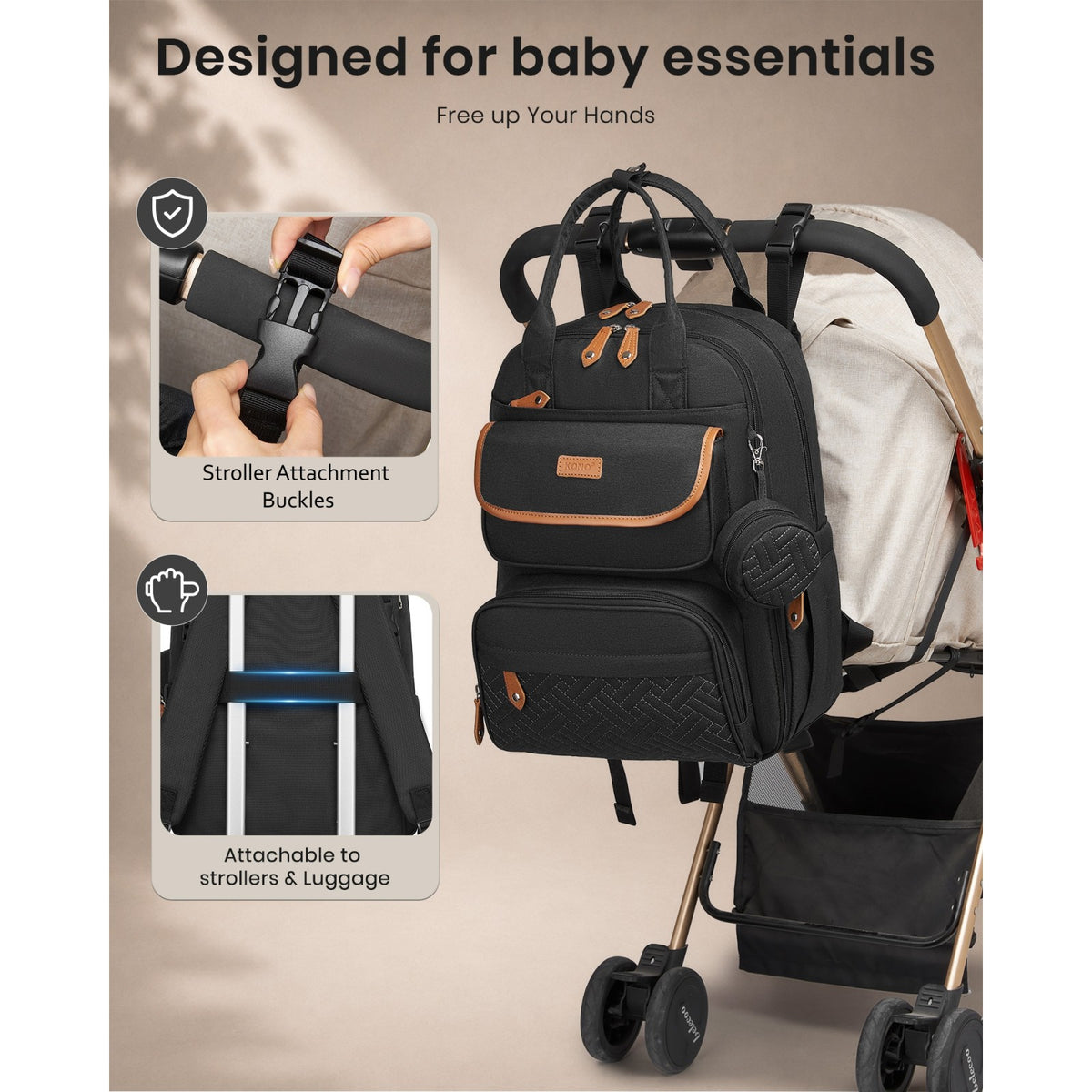 Kono 3-in-1 Mummy Nappy Backpack with Changing Mat & Insulated Pacifier Pouch