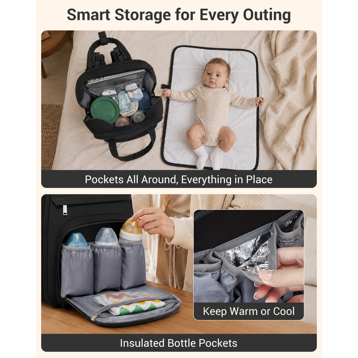 Kono 2-in-1 Nappy Changing Backpack, Large Capacity Diaper Bag With Changing Mat