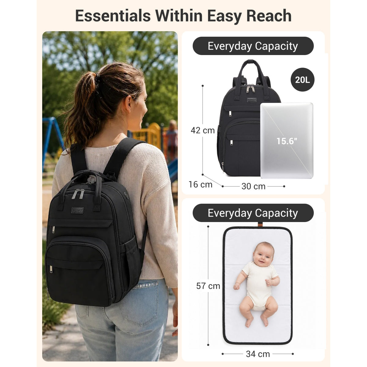 Kono 2-in-1 Nappy Changing Backpack, Large Capacity Diaper Bag With Changing Mat