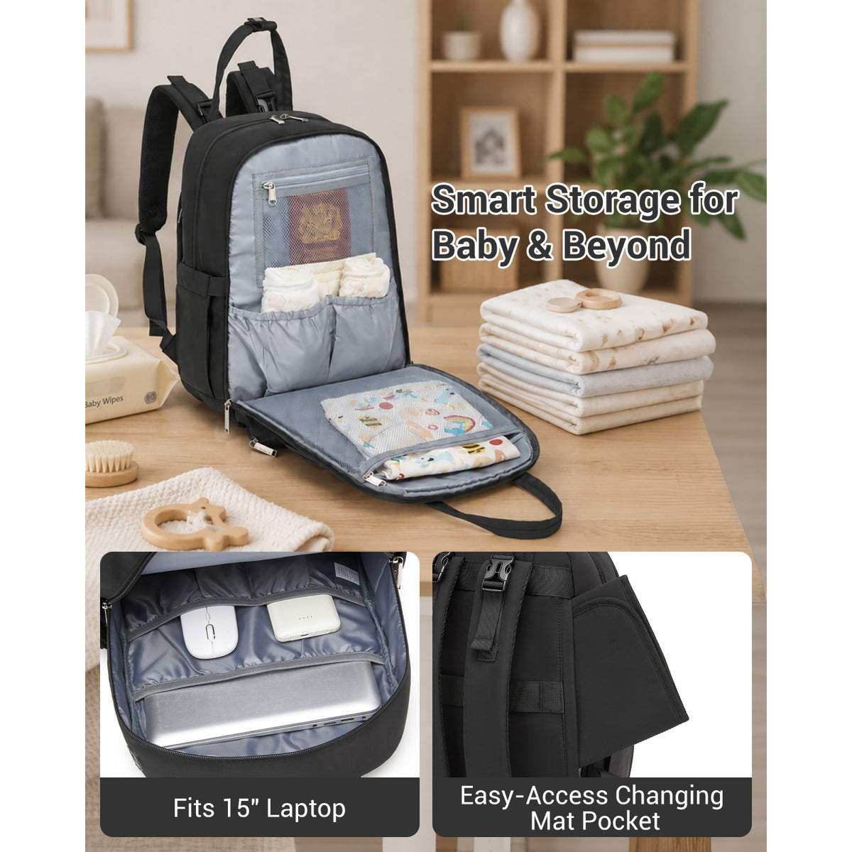 Kono 2-in-1 Nappy Changing Backpack, Large Capacity Diaper Bag With Changing Mat