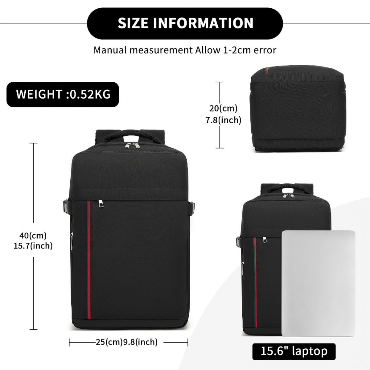 Kono 20L Cabin Backpack with Red Trim for 15.6” Laptop– Water-Resistant Travel