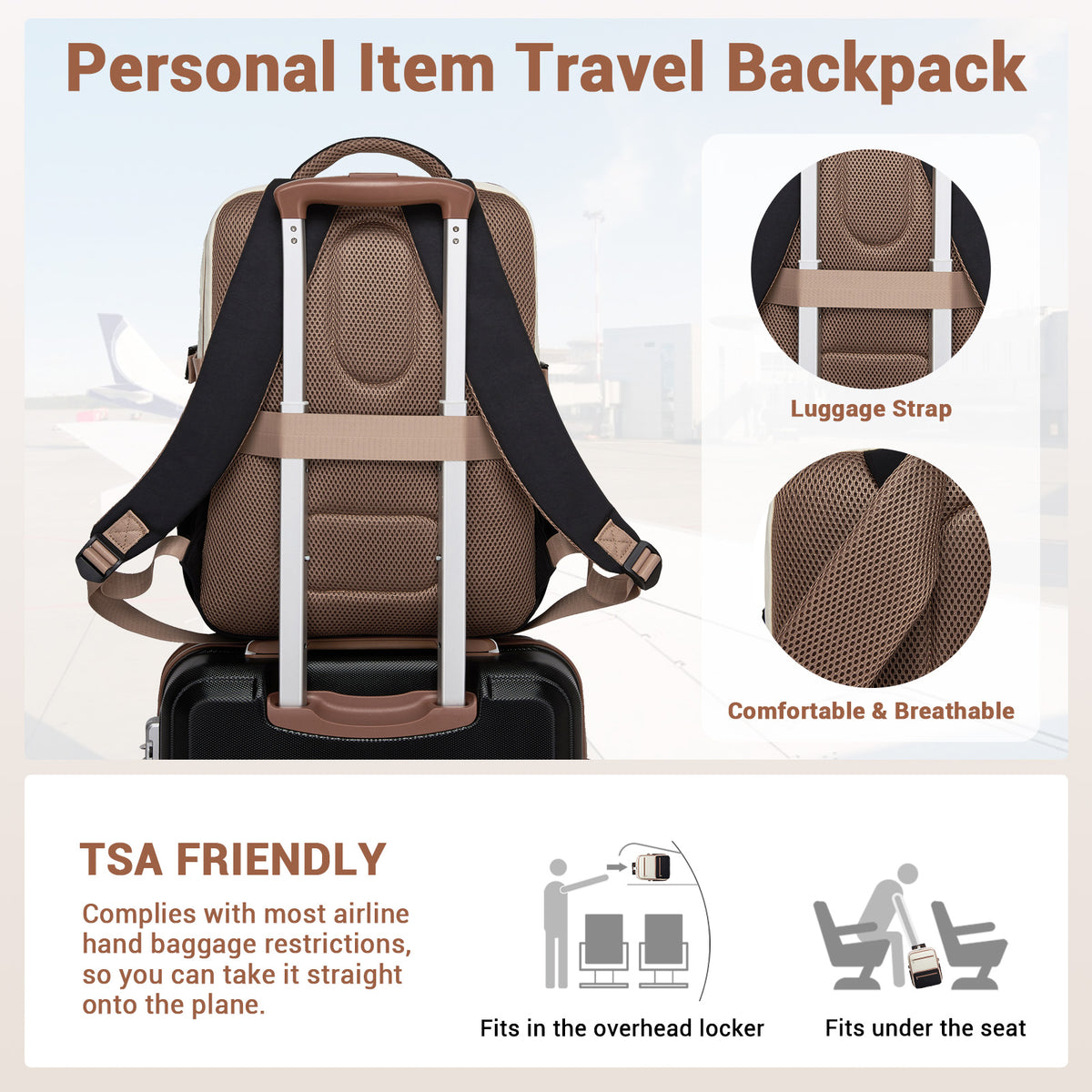 Kono Compact 15.6" Laptop Travel Backpack- 40x30x20cm, Fits Under Seat Storage
