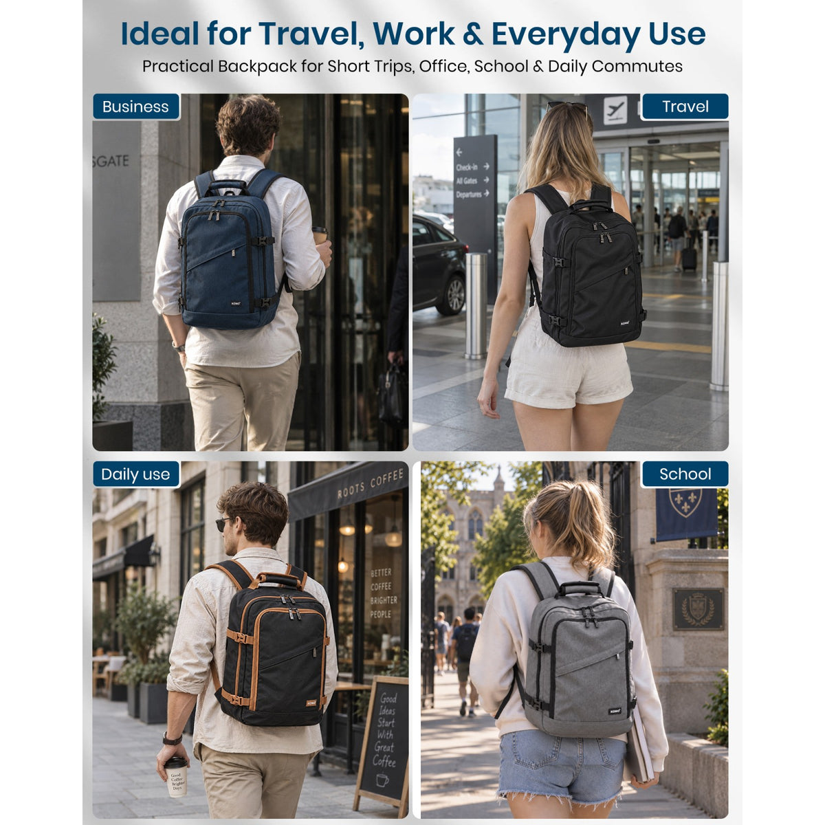 Kono Flexible Cabin Backpack 30×20×40-Fits 15.6" Laptop