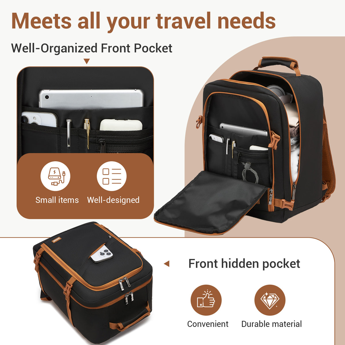 Kono Flexible Cabin Backpack 30×20×40-Fits 15.6" Laptop