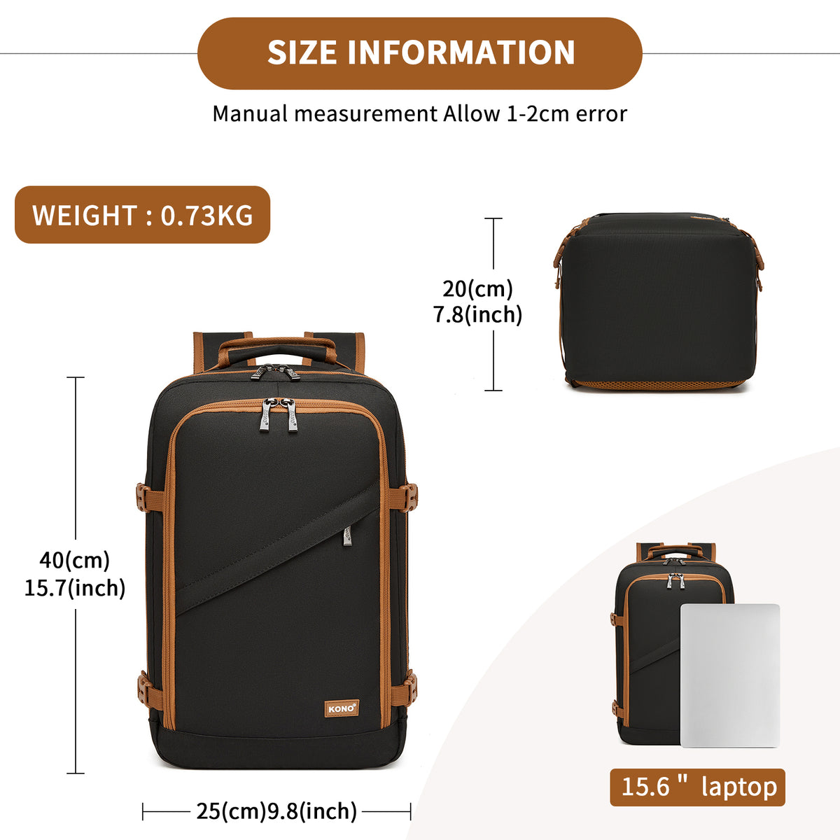 Kono Flexible Cabin Backpack 30×20×40-Fits 15.6" Laptop