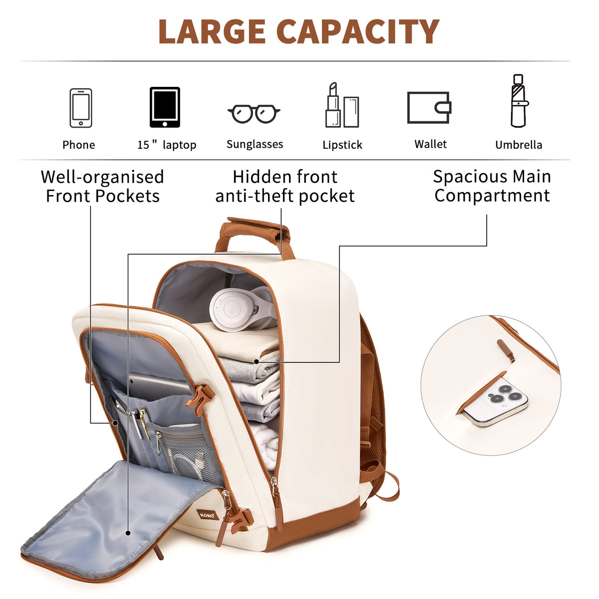 Kono Colour-Block Organised Cabin Backpack 40×30×20– Spacious, Clamshell