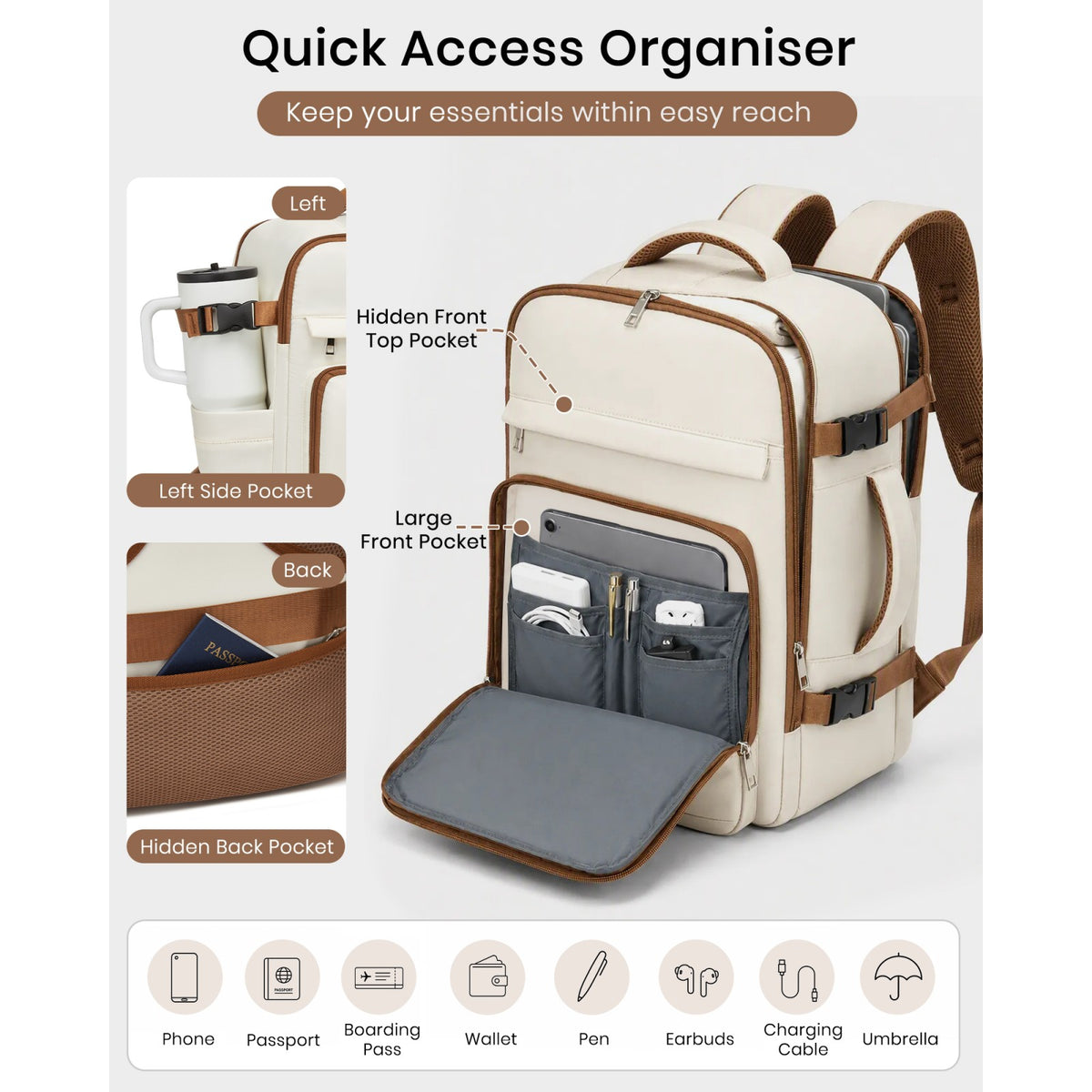 Kono Cabin Travel Backpack 40×20×30 cm– Water-Resistant, Multi-Compartment