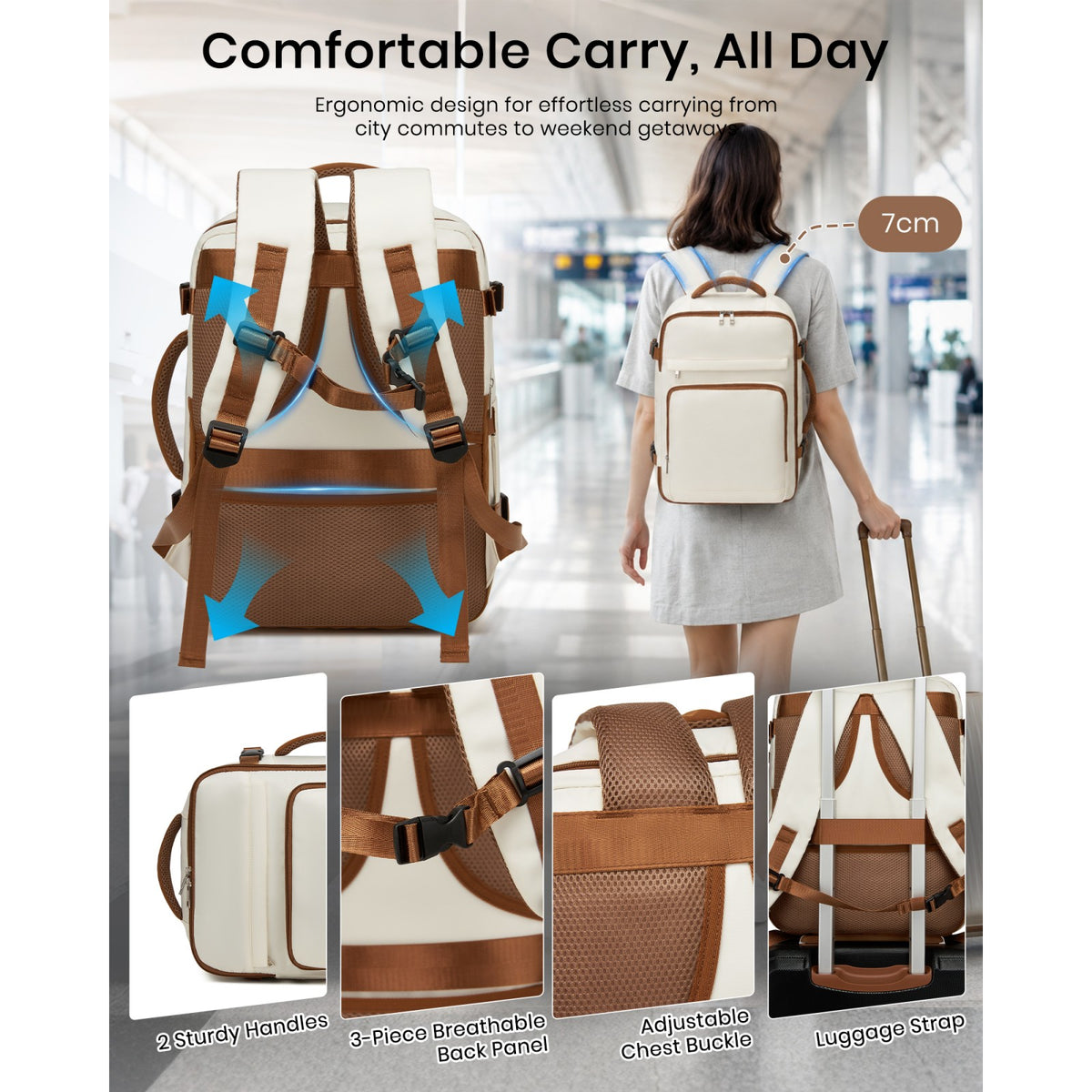 Kono Cabin Travel Backpack 40×20×30 cm– Water-Resistant, Multi-Compartment
