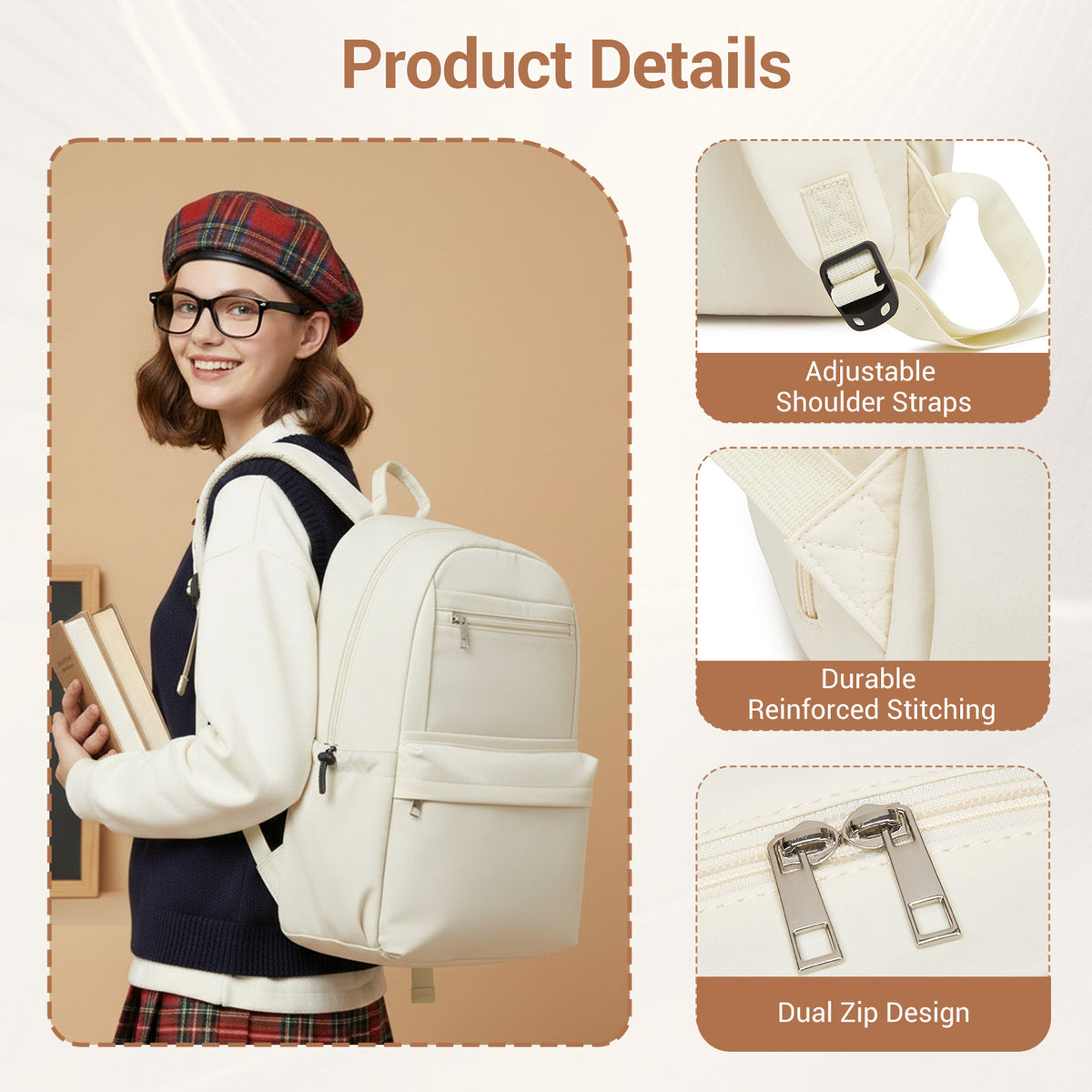 KONO Stylish Solid-Color Casual Backpack for School and Weekend Trips
