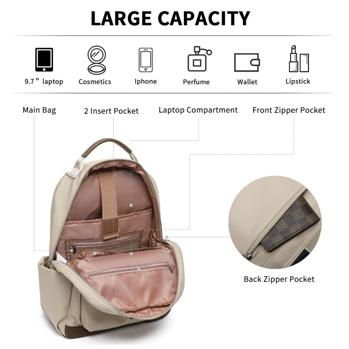 Miss Lulu Stylish Backpack with Laptop Sleeve and Multiple Pockets and Trolley
