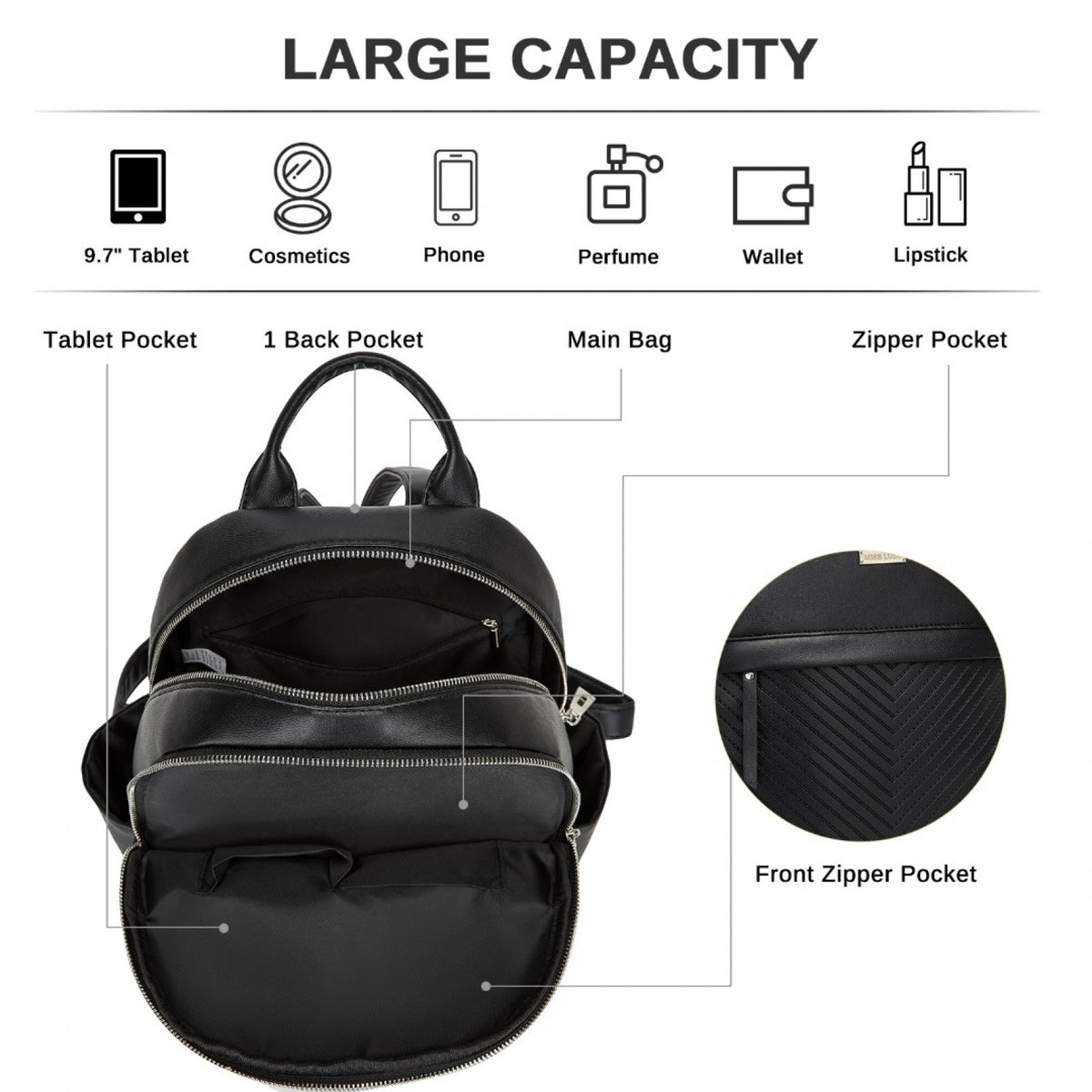 Miss Lulu Stylish PU Leather Backpack with Anti-Theft Back Zipper for Work
