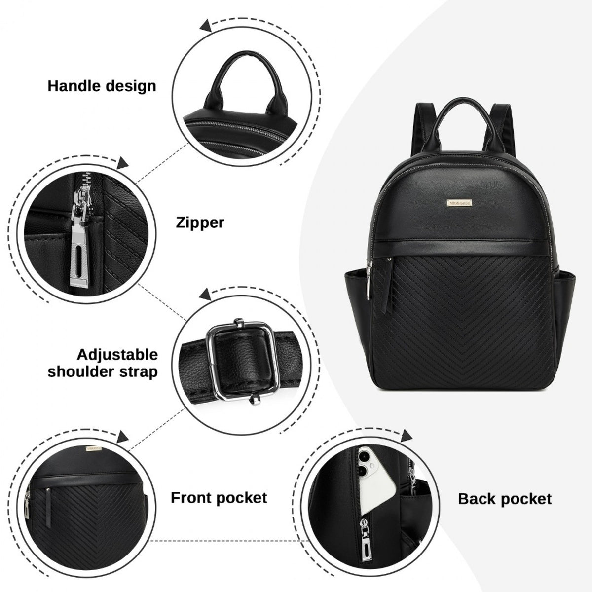 Miss Lulu Stylish PU Leather Backpack with Anti-Theft Back Zipper for Work