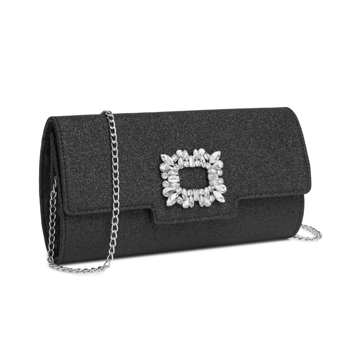 Miss Lulu Glitter Evening Clutch with Crystal Embellishment & Detachable Chain