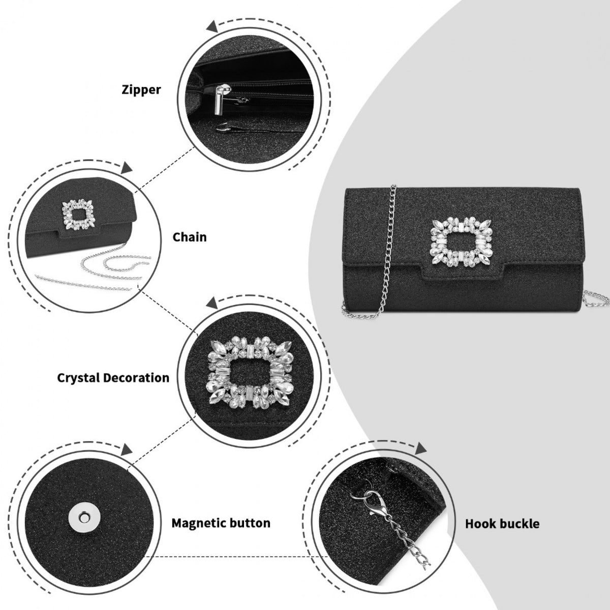 Miss Lulu Glitter Evening Clutch with Crystal Embellishment & Detachable Chain