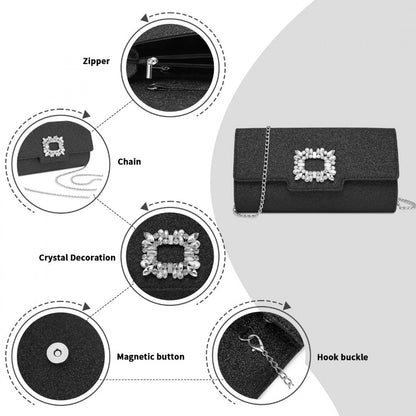 Miss Lulu Glitter Evening Clutch with Crystal Embellishment & Detachable Chain