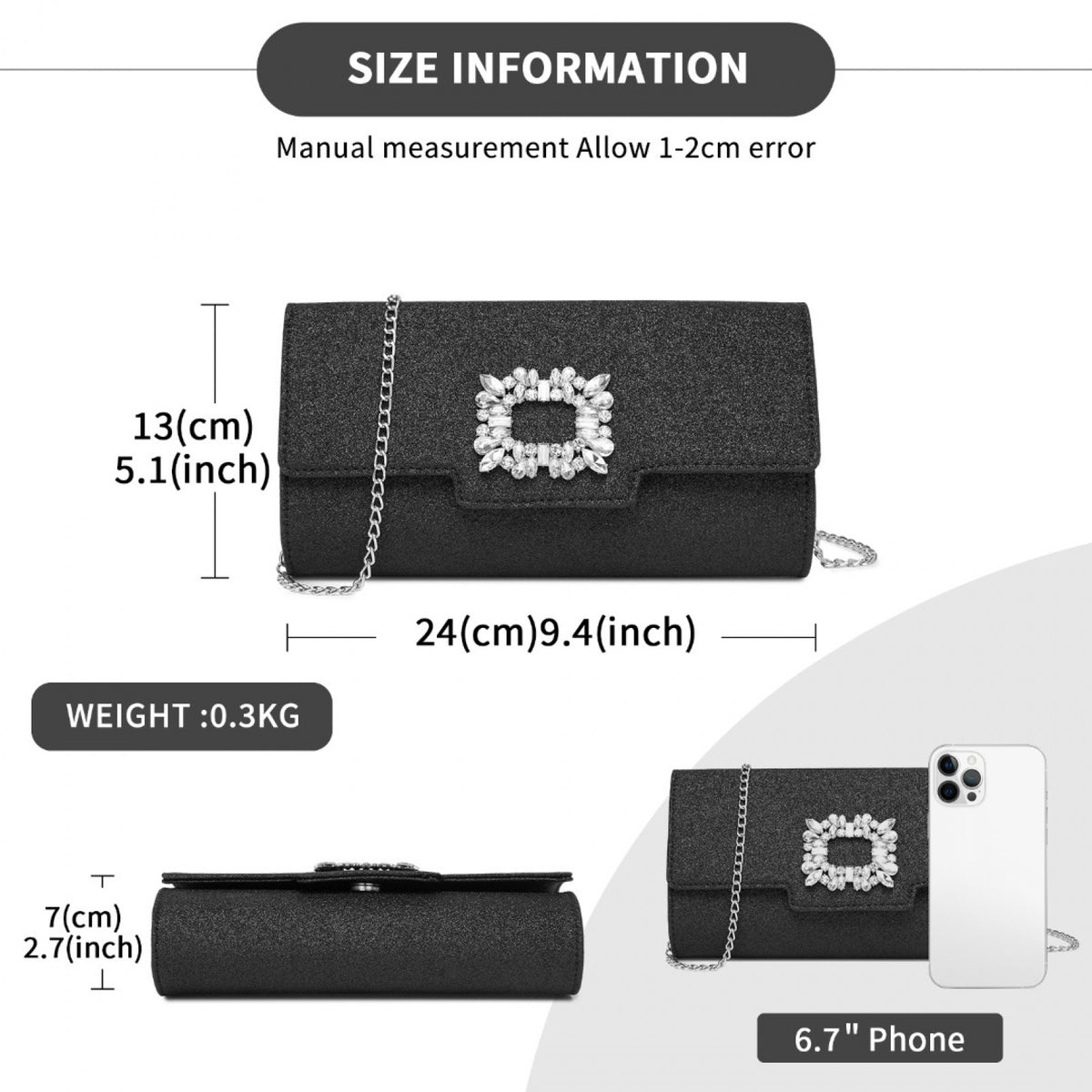 Miss Lulu Glitter Evening Clutch with Crystal Embellishment & Detachable Chain