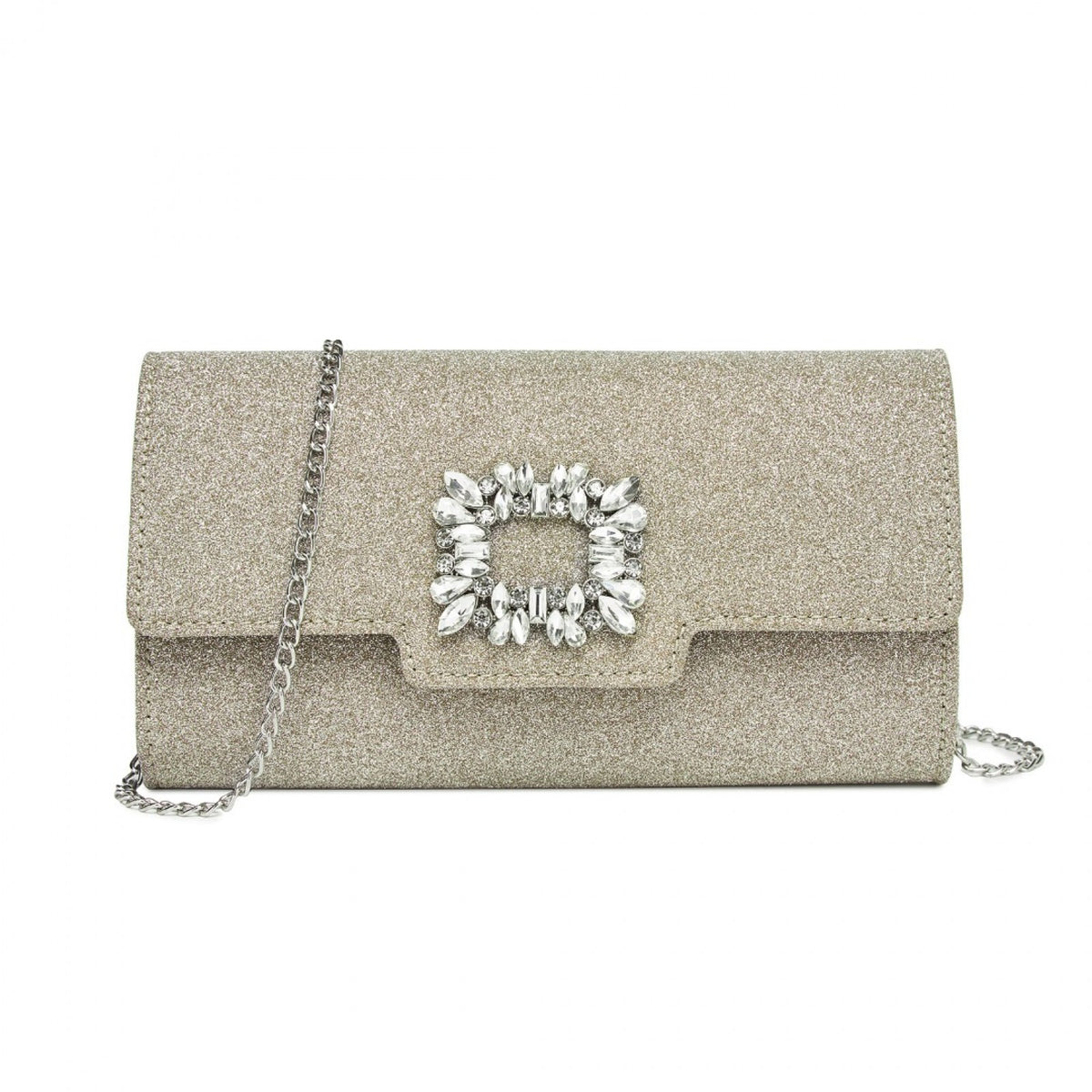 Miss Lulu Glitter Evening Clutch with Crystal Embellishment & Detachable Chain