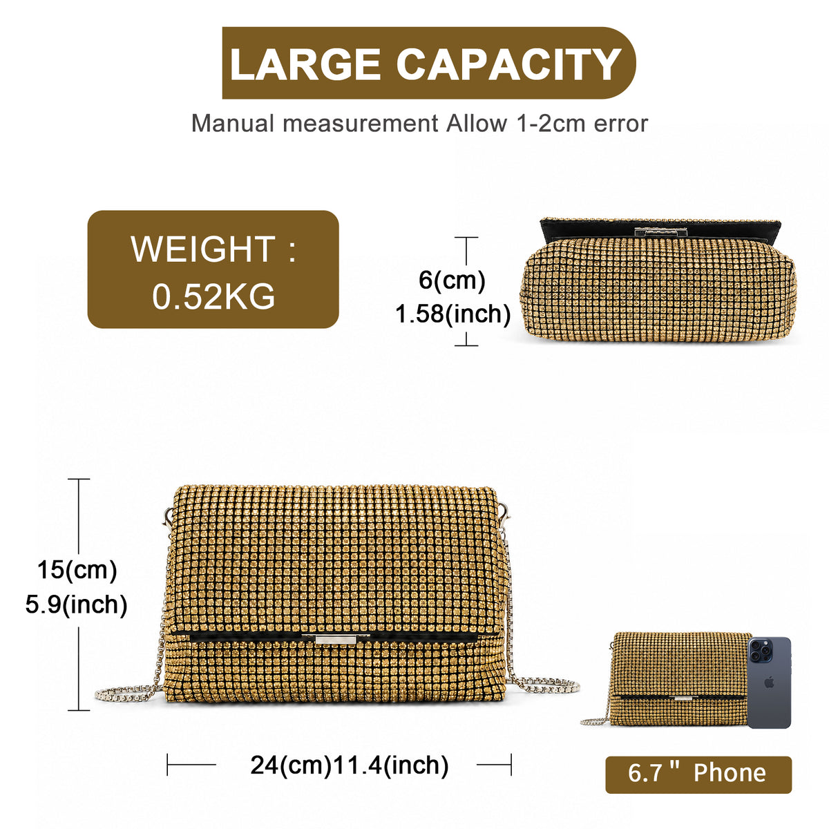 Kono Rhinestone Clutch Bag, Detachable Metal Chain Evening Bag
