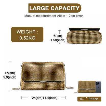 Kono Rhinestone Clutch Bag, Detachable Metal Chain Evening Bag