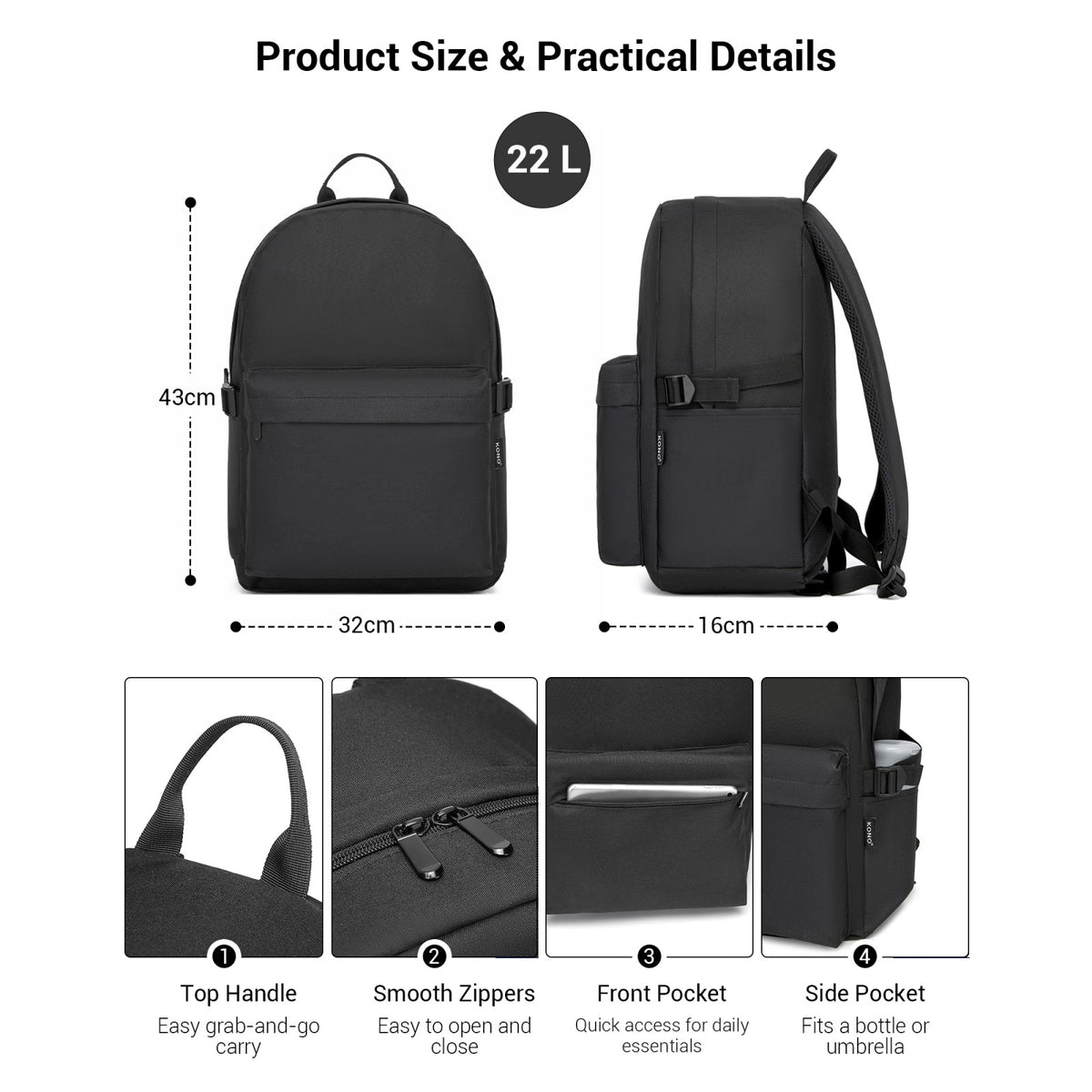 Kono Durable Polyester Everyday Backpack With Sleek Design