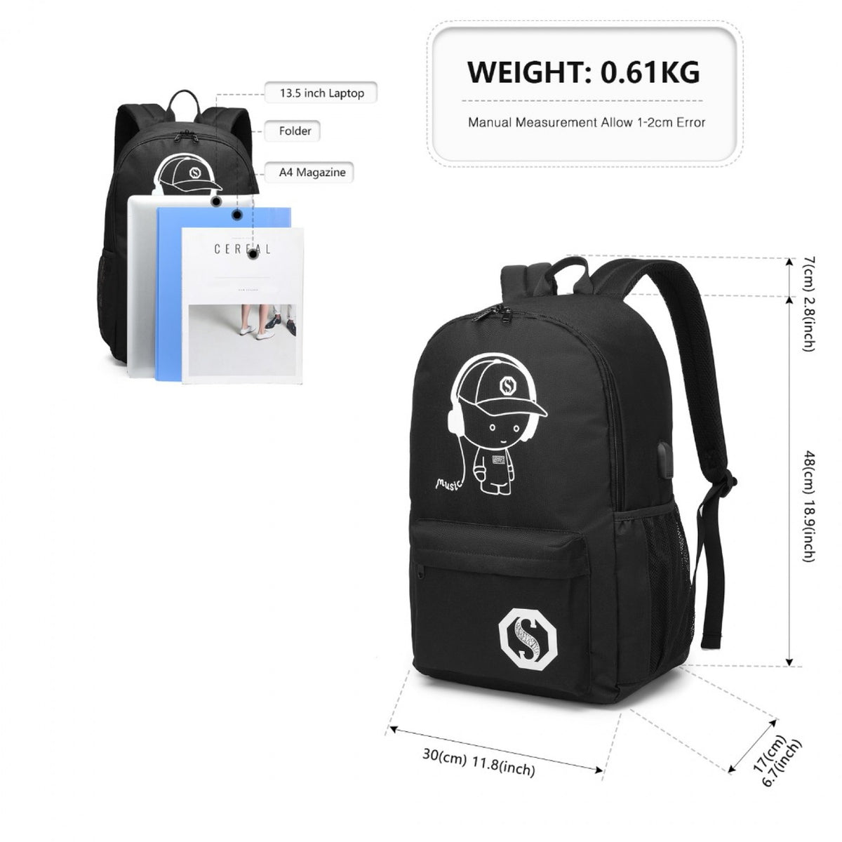 Kono Glow In The Dark Waterproof USB Charging Backpack With Pencil Case