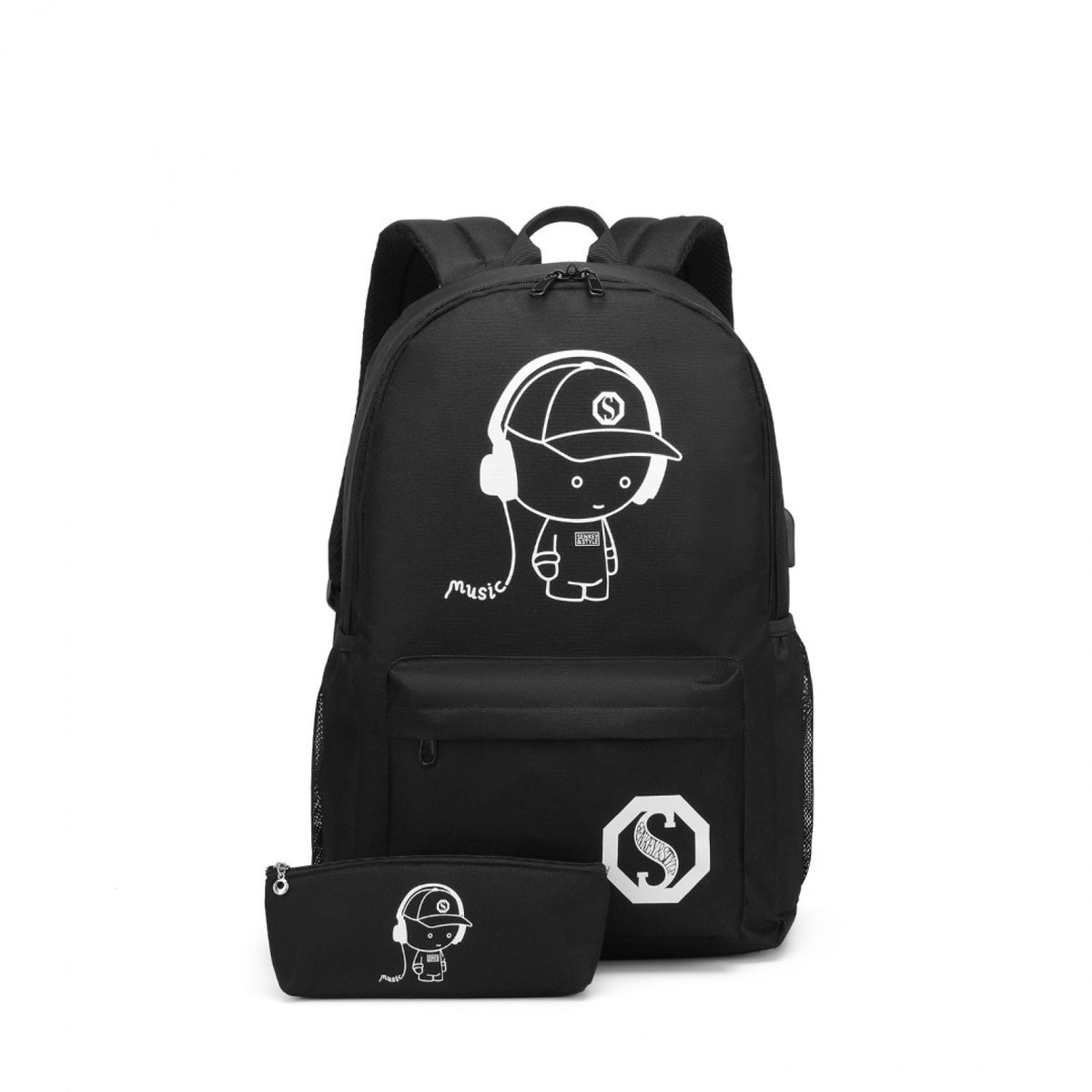 Kono Glow In The Dark Waterproof USB Charging Backpack With Pencil Case