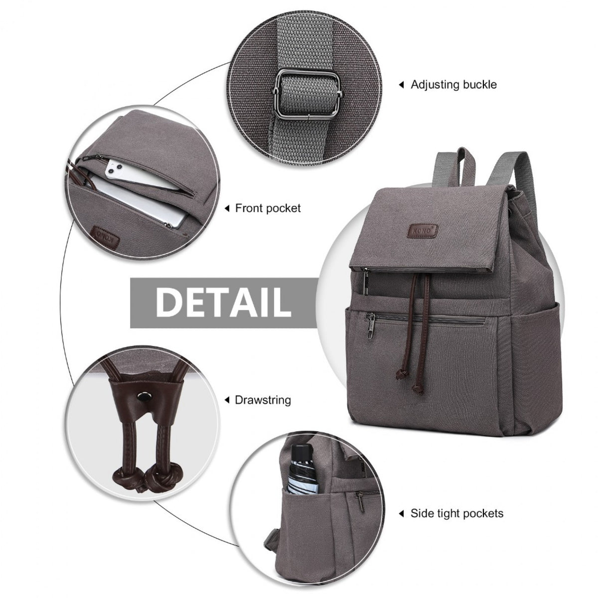 Kono Canvas Clamshell Drawstring School Backpack