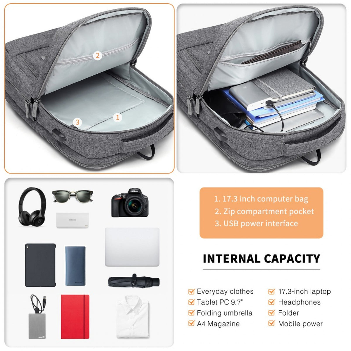 Kono Multi-Compartment Backpack with USB Port