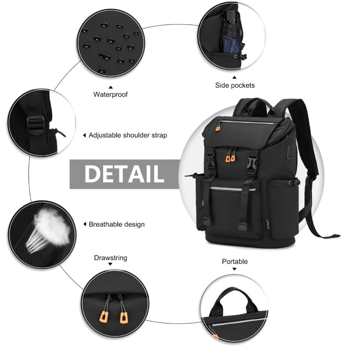 Kono Advanced Leisure Backpack with Reflective Safety Features USB Charging and