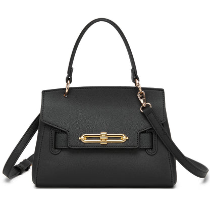 Miss Lulu Elegant Structured PU Top-Handle Mini Satchel–Twist-Lock Flap and