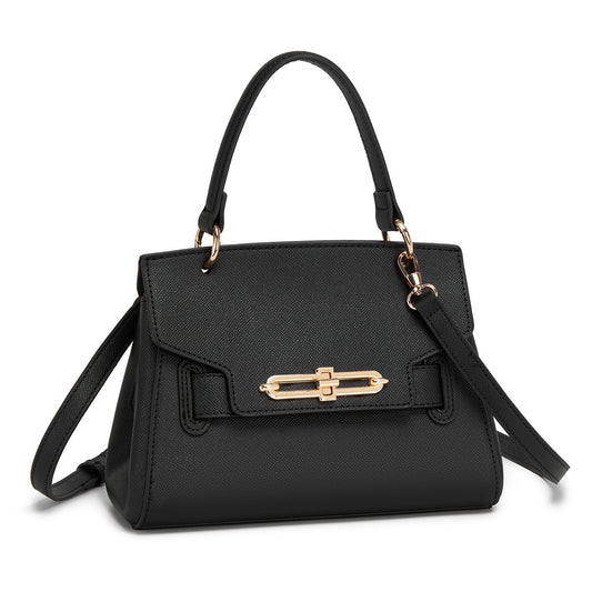 Miss Lulu Elegant Structured PU Top-Handle Mini Satchel–Twist-Lock Flap and