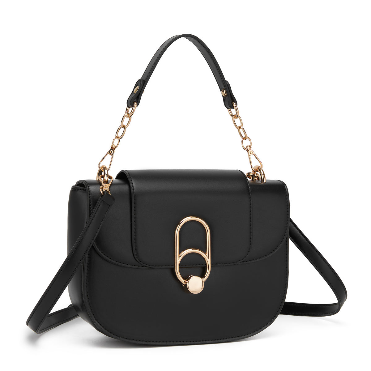 Miss Lulu Stylish PU Saddle Bag with Chain-Accent Top Handle & Adjustable Strap