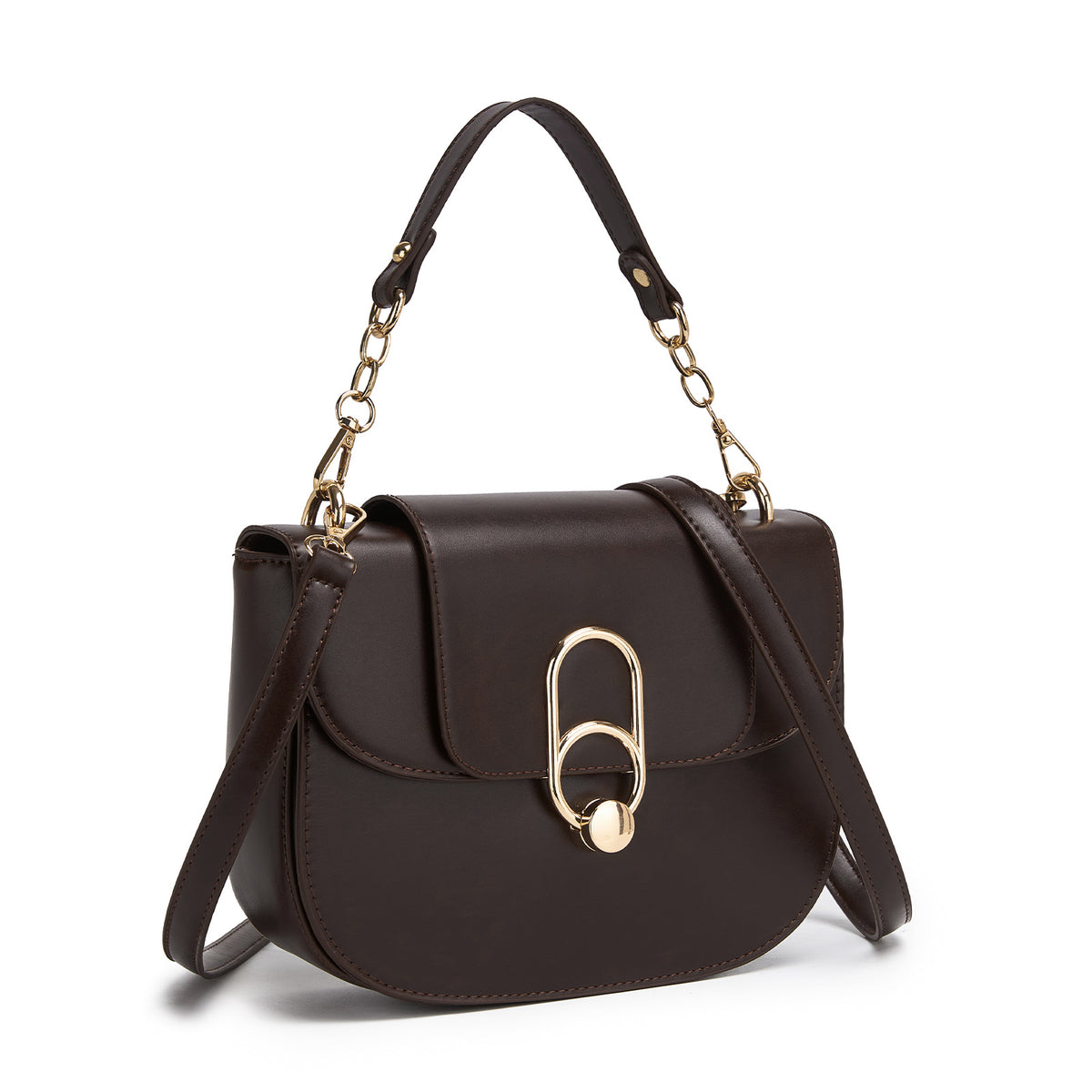 Miss Lulu Stylish PU Saddle Bag with Chain-Accent Top Handle & Adjustable Strap