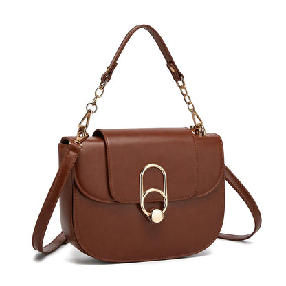 Miss Lulu Stylish PU Saddle Bag with Chain-Accent Top Handle & Adjustable Strap