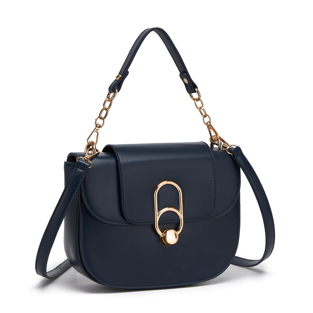 Miss Lulu Stylish PU Saddle Bag with Chain-Accent Top Handle & Adjustable Strap