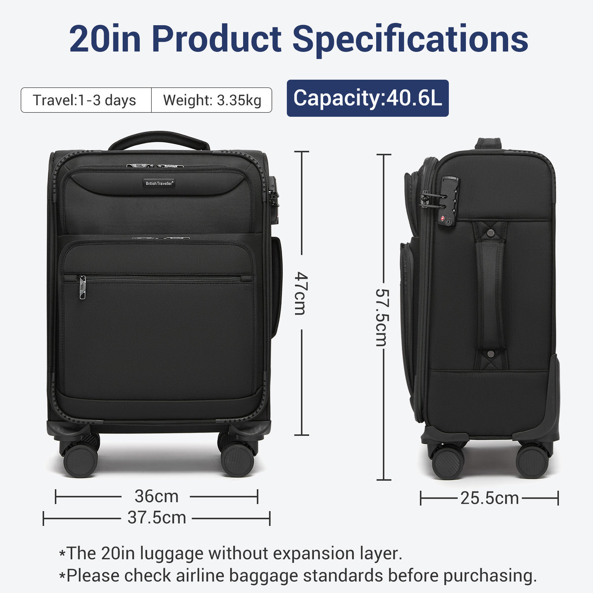 British Traveller Durable Softshell Suitcase with Front Laptop Compartment