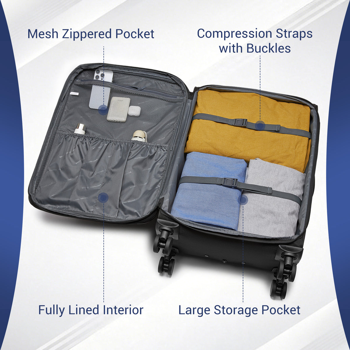 British Traveller Durable Softshell Suitcase with Front Laptop Compartment