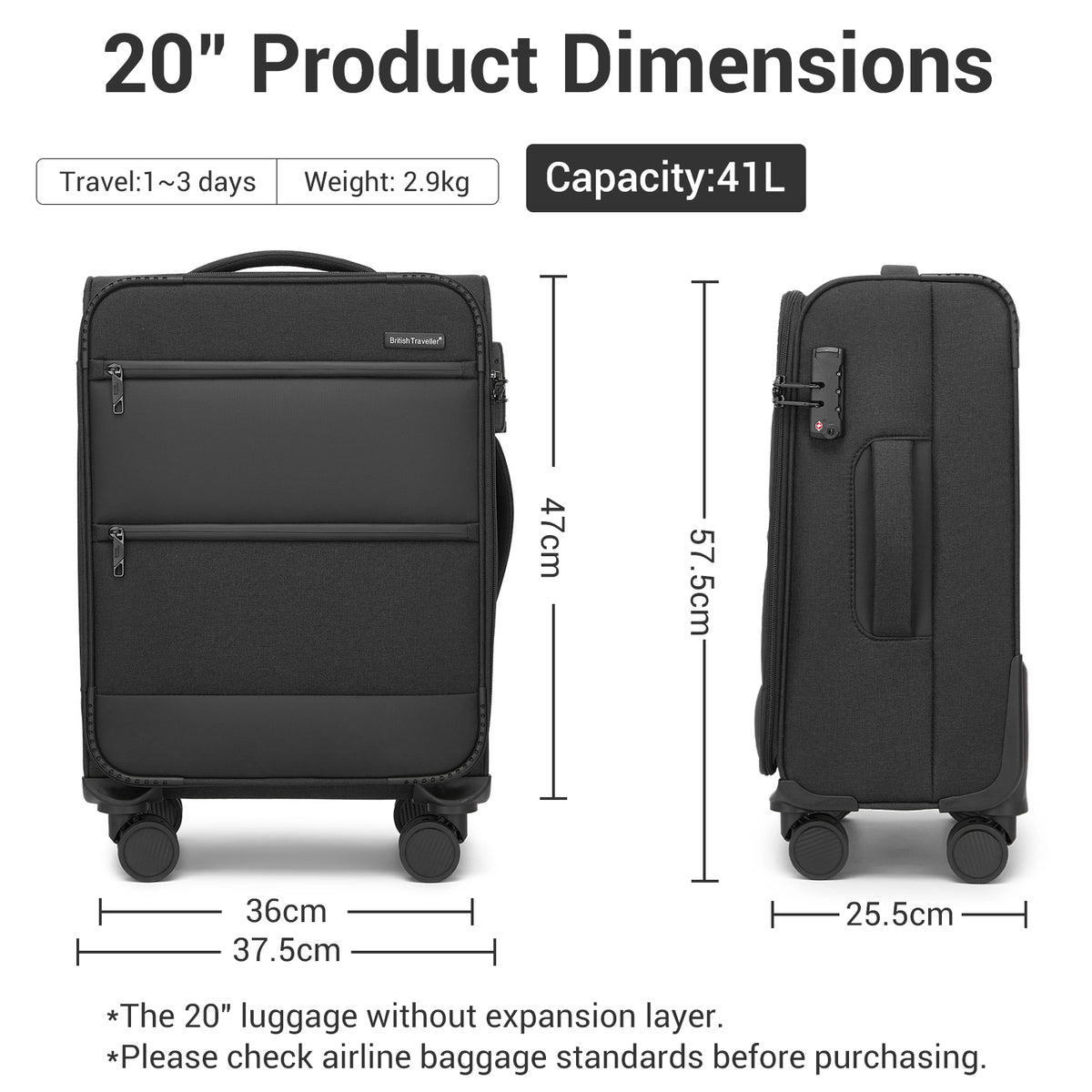 British Traveller Sleek Tough Travel Soft-Shell Suitcase