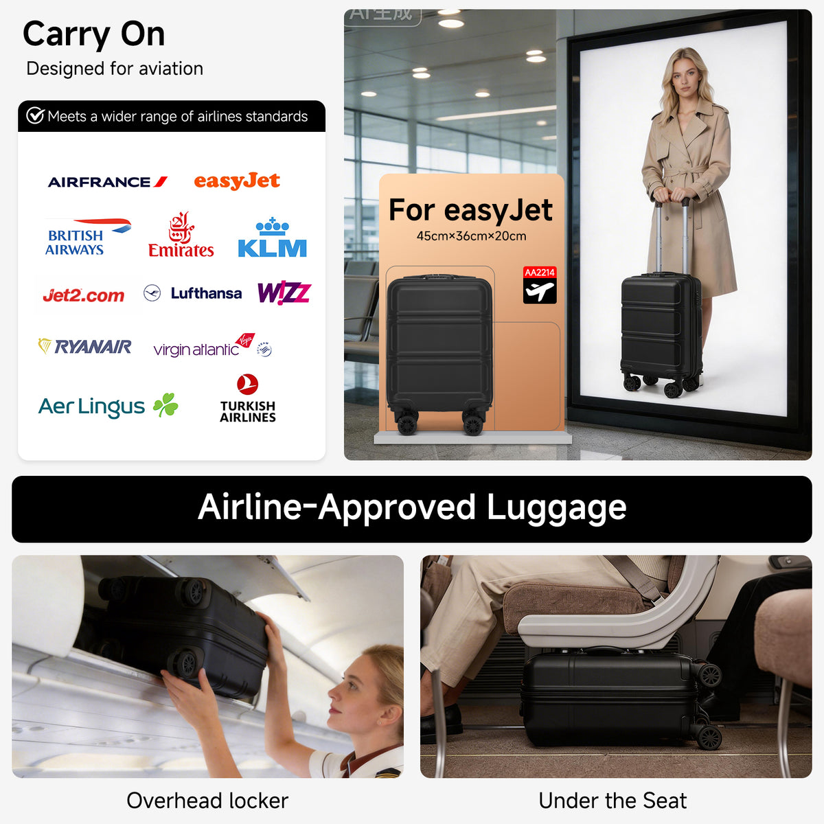 Kono ABS+PC Compact Cabin Suitcase– Lightweight Hard Shell Carry-On