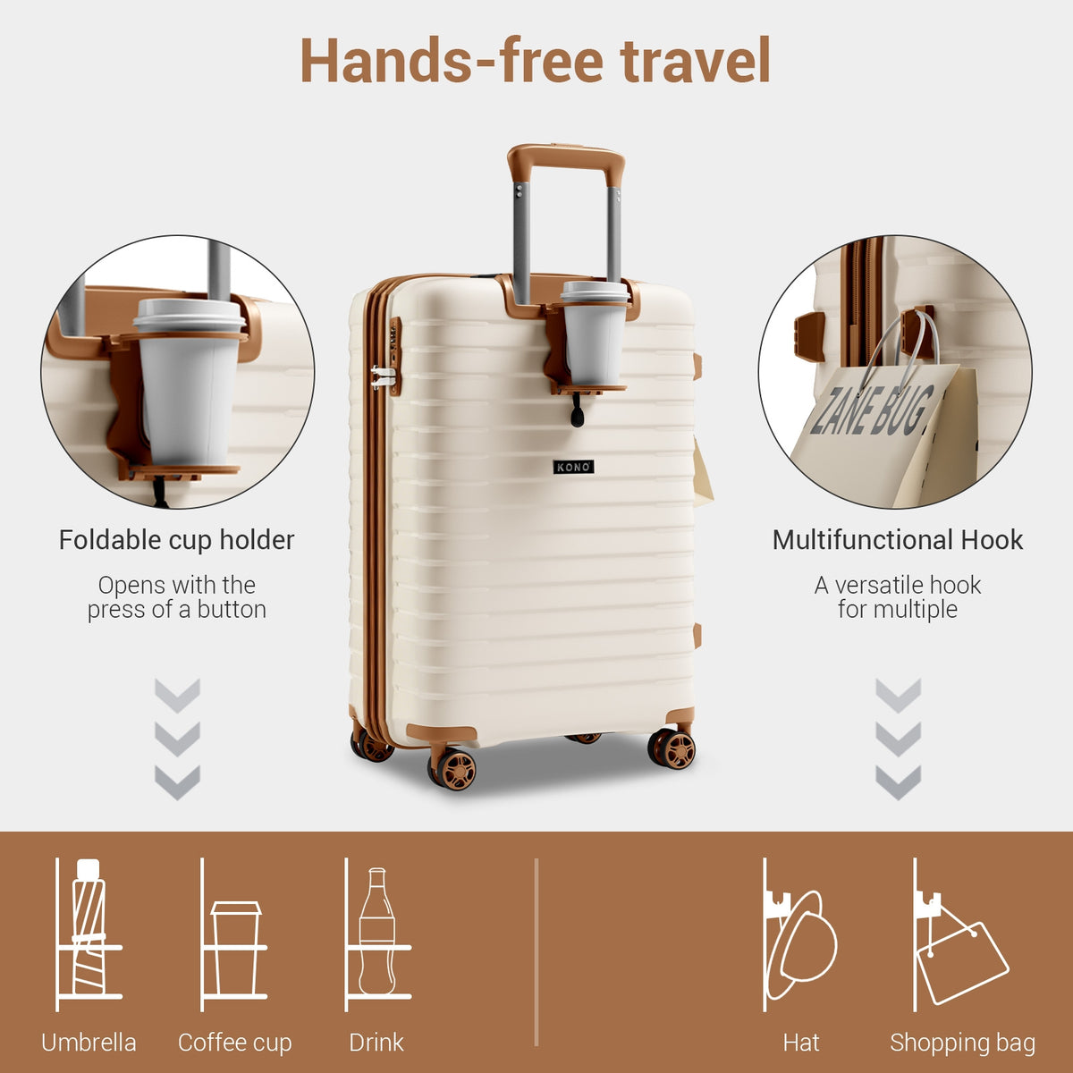 Kono Hard Shell Scratch-Resistant PP Luggage with Cup Holder