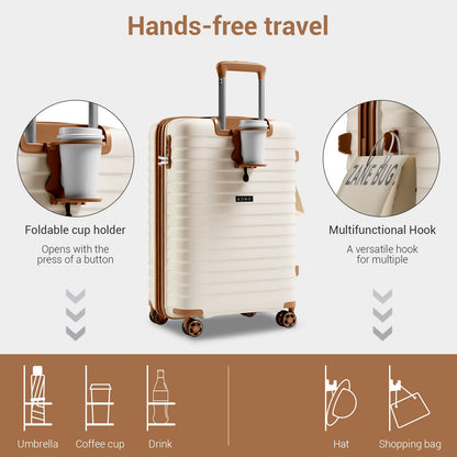 Kono Hard Shell Scratch-Resistant PP Luggage with Cup Holder