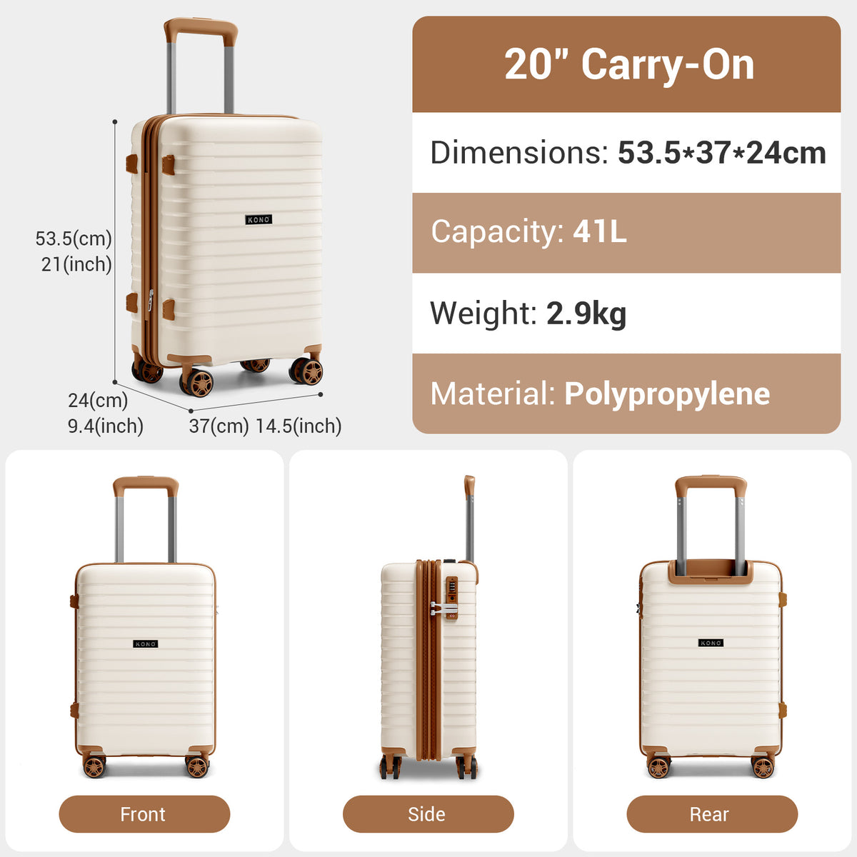 Kono Hard Shell Scratch-Resistant PP Luggage with Cup Holder