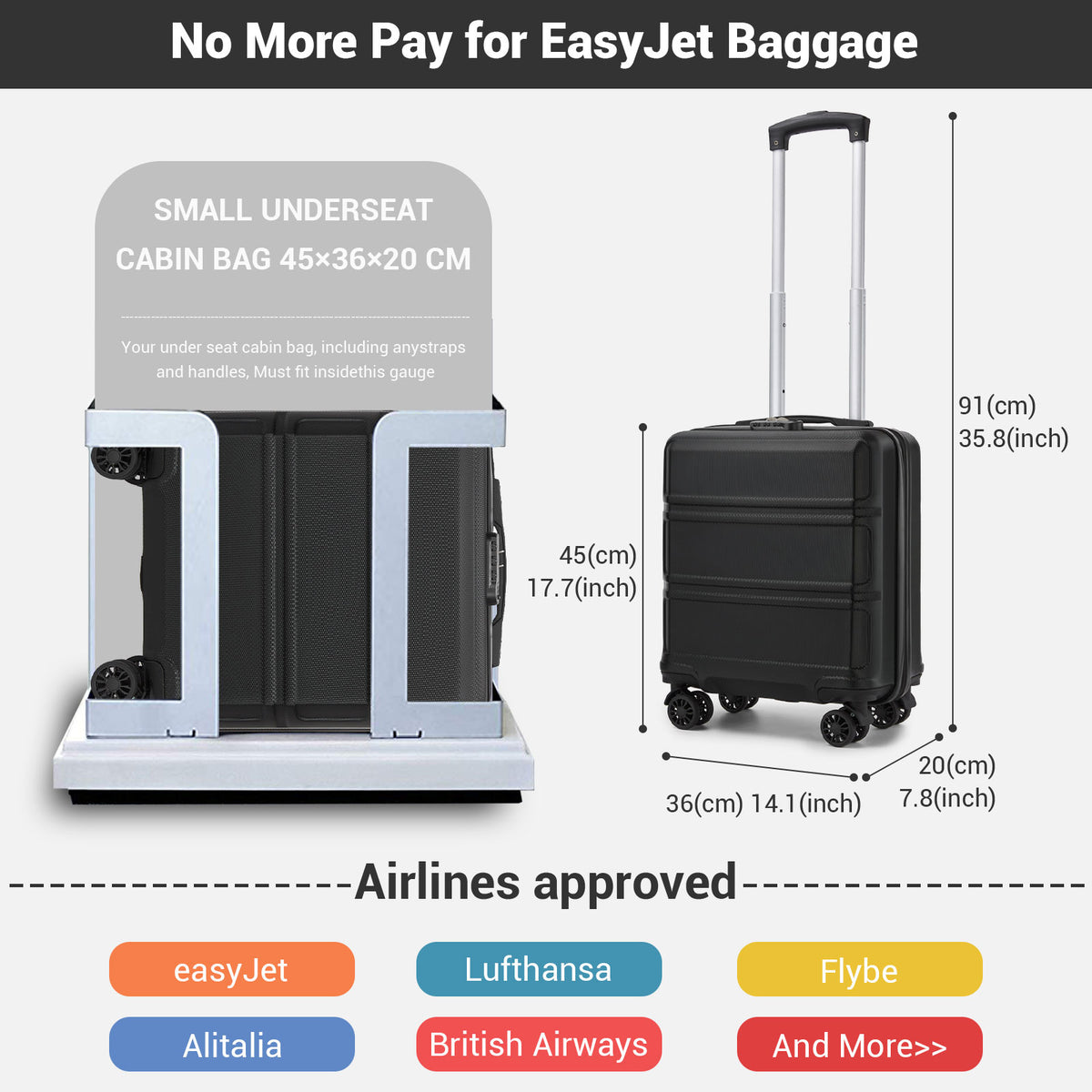 Kono ABS Hard Shell Under-Seat Cabin Suitcase with Spinner Wheels