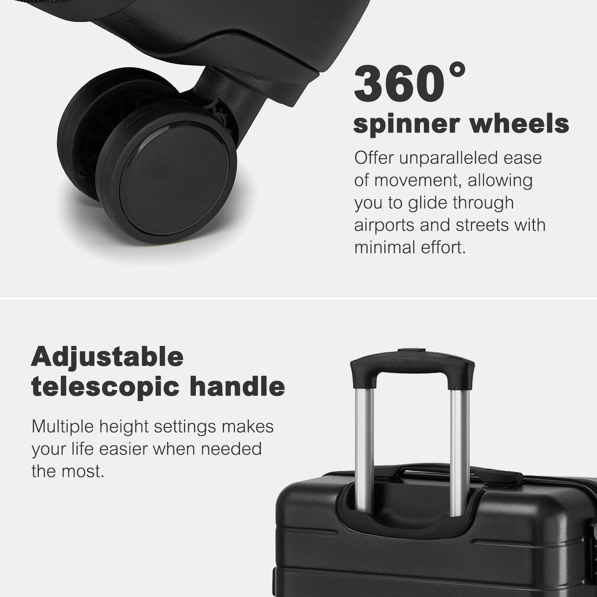 Kono Luggage, Lightweight ABS Hard Shell Suitcase with 360 Silent Wheels