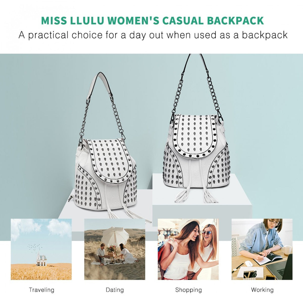 Miss Lulu Skull Studded Backpack Shoulder Bag