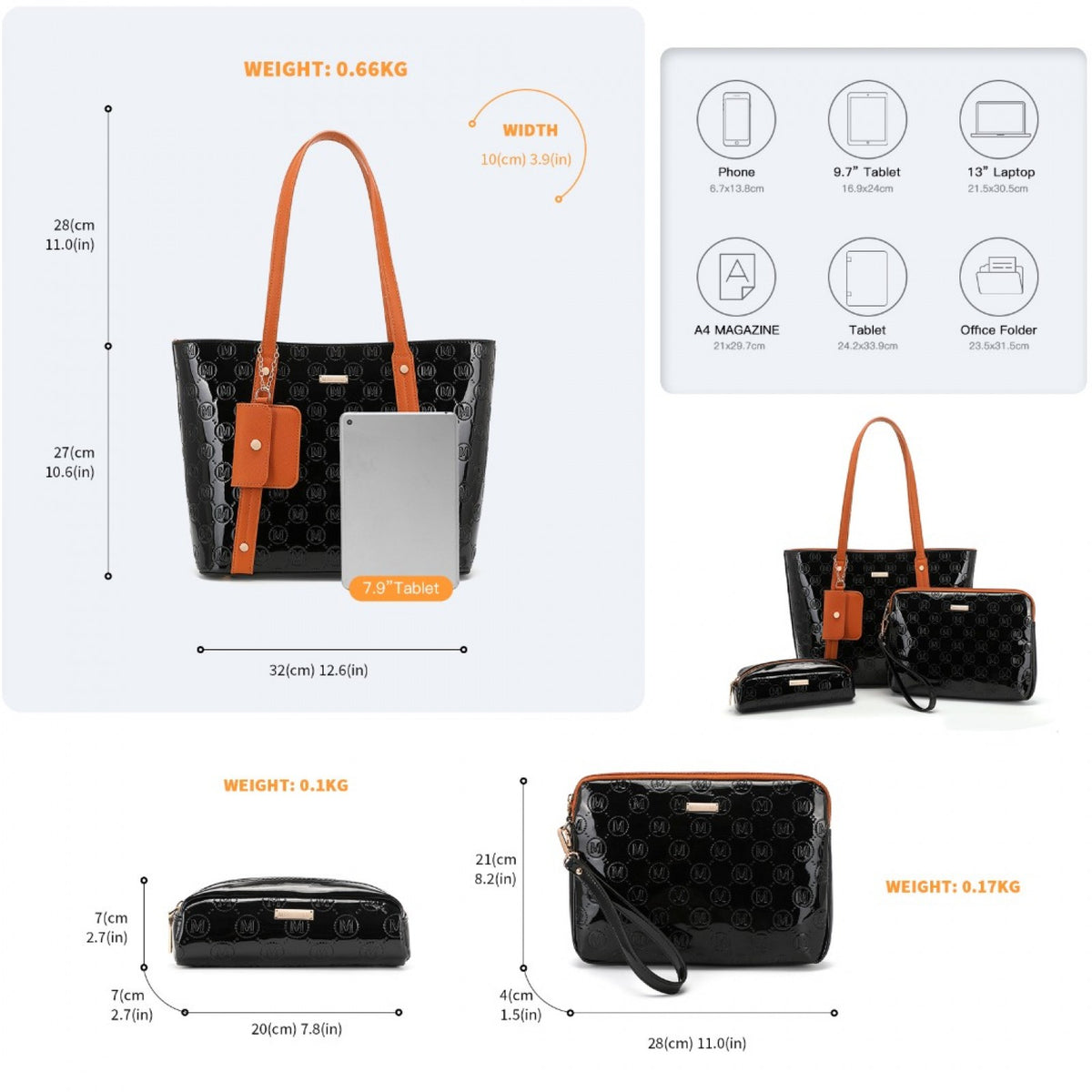 Miss Lulu 4 Pieces Glossy Leather Tote Bag