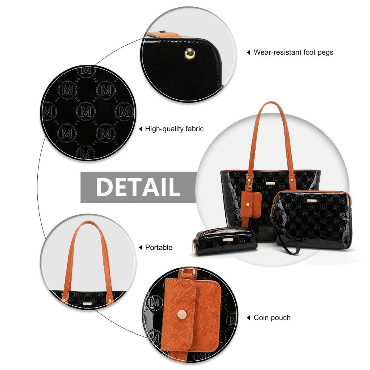 Miss Lulu 4 Pieces Glossy Leather Tote Bag