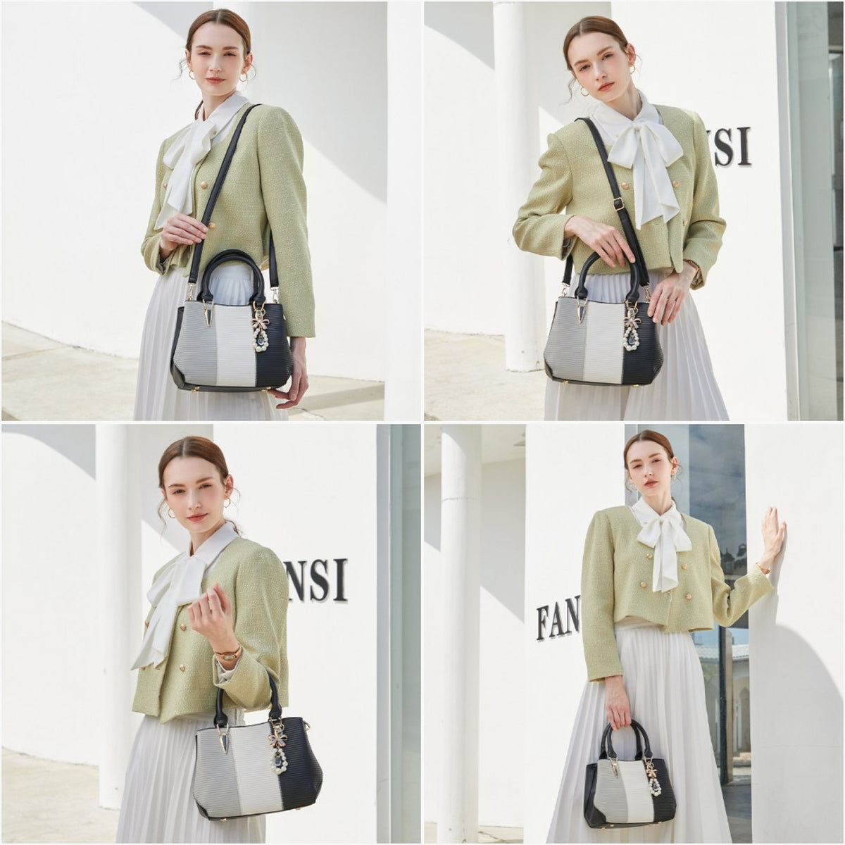 Miss Lulu Leather Look Colour Block Bow Pendant Handbag