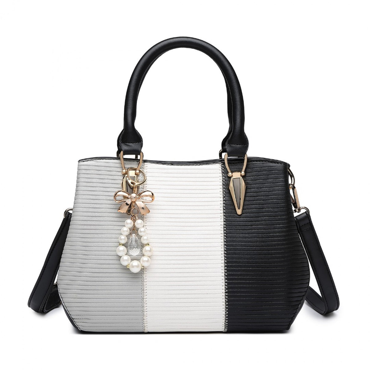 Miss Lulu Leather Look Colour Block Bow Pendant Handbag